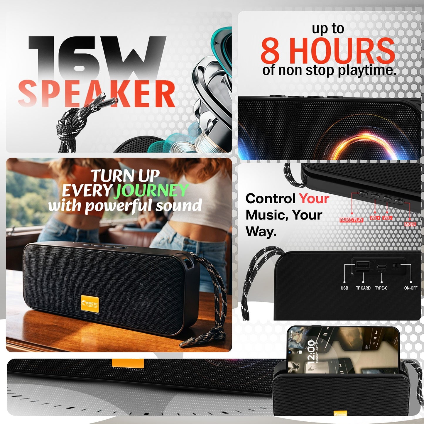 Wireless Bluetooth Speaker 16W RGB Mode Smart Control Pure Sound YOROTO YO-442-BTL