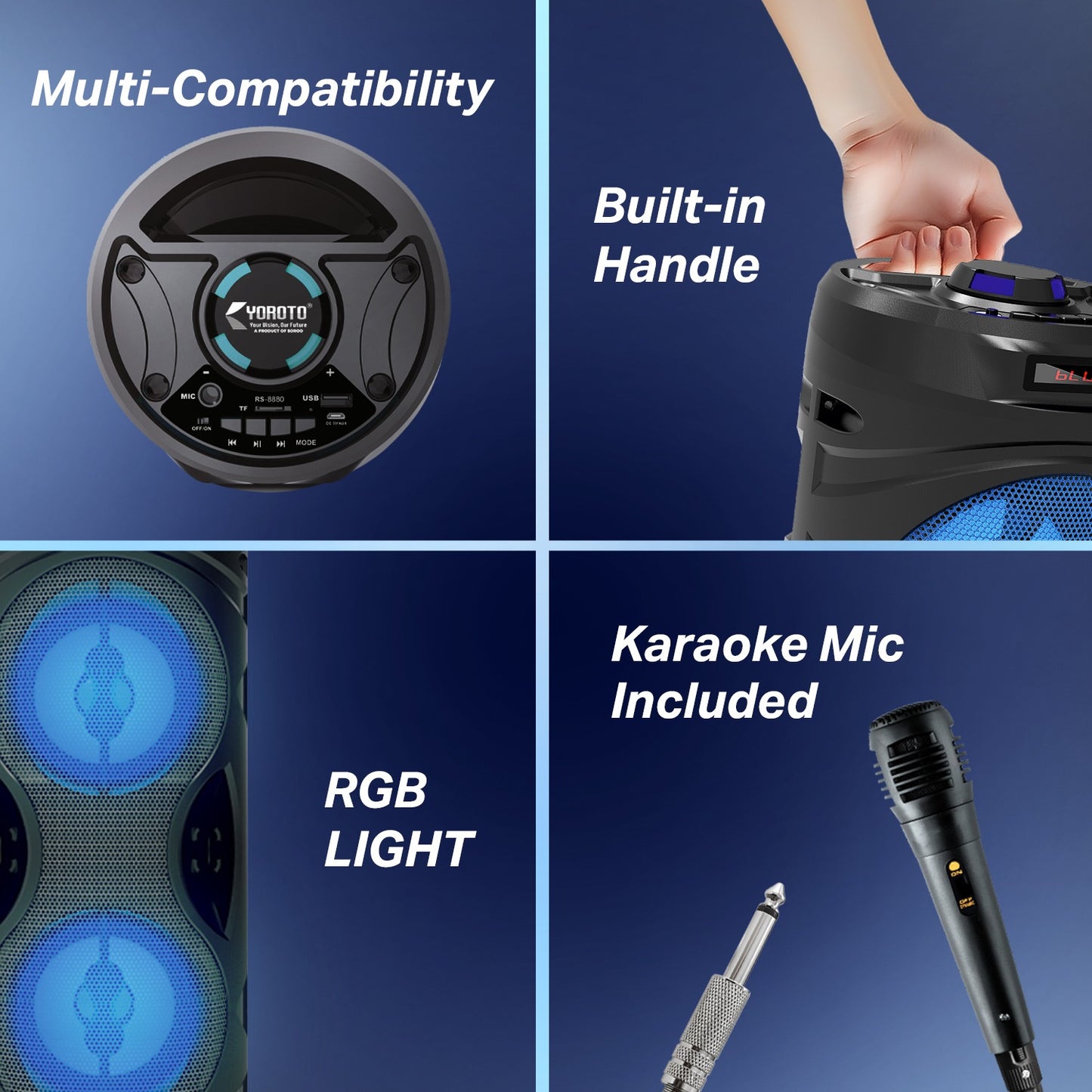 Wireless Bluetooth Speaker | 50W Sound, 4 Hours Playback, Karaoke Mic, RGB Lights & TWS Yoroto J-2