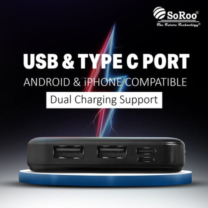 10000mAh Power Bank | 18W Fast Charging, USB & Type-C, Safety Protection & Smart Chip | Soroo PB188 – Black