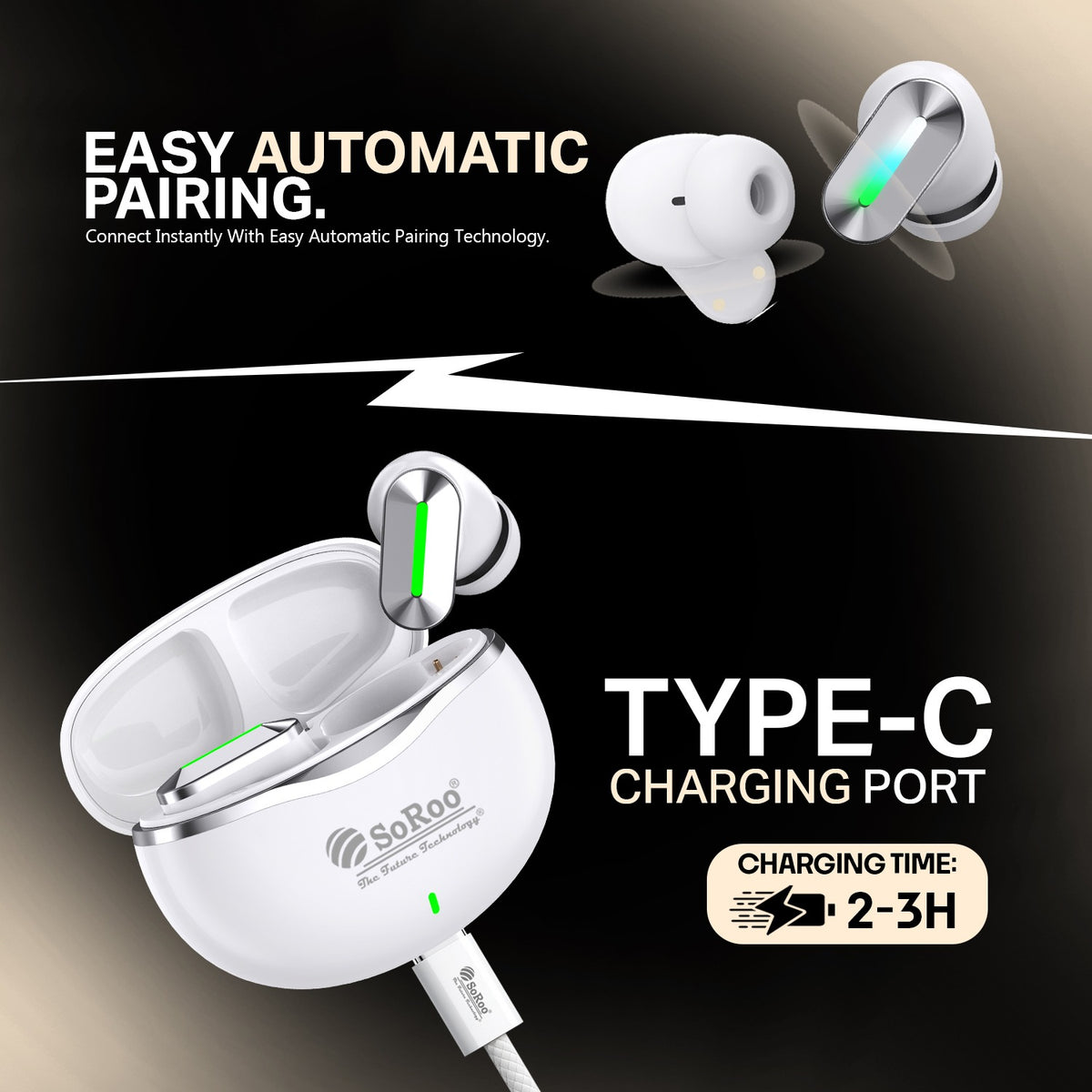 Wireless TWS Bluetooth Earbuds | 48 Hours Playtime, Type-C Charging & 2–3 Hours Charging | Soroo SR-BUDS39 – Black/White/Golden