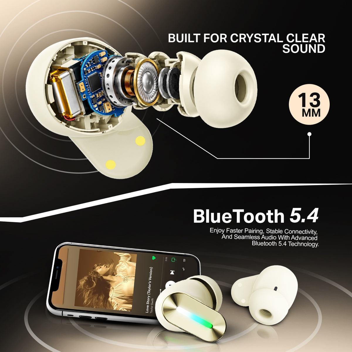 Wireless TWS Bluetooth Earbuds | 48 Hours Playtime, Type-C Charging & 2–3 Hours Charging | Soroo SR-BUDS39 – Black/White/Golden