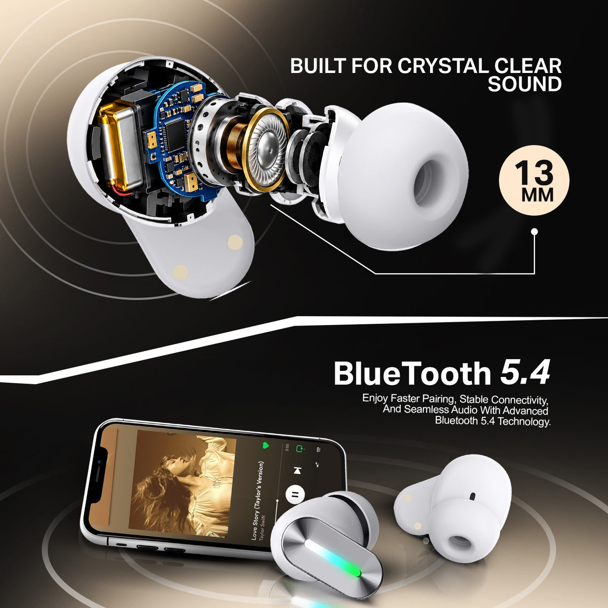 Wireless TWS Bluetooth Earbuds | 48 Hours Playtime, Type-C Charging & 2–3 Hours Charging | Soroo SR-BUDS39 – Black/White/Golden
