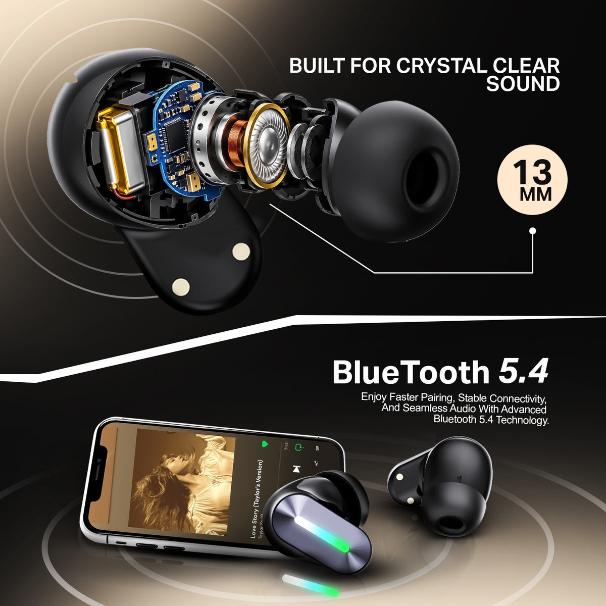 Wireless TWS Bluetooth Earbuds | 48 Hours Playtime, Type-C Charging & 2–3 Hours Charging | Soroo SR-BUDS39 – Black/White/Golden