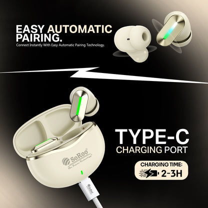 Wireless TWS Bluetooth Earbuds | 48 Hours Playtime, Type-C Charging & 2–3 Hours Charging | Soroo SR-BUDS39 – Black/White/Golden