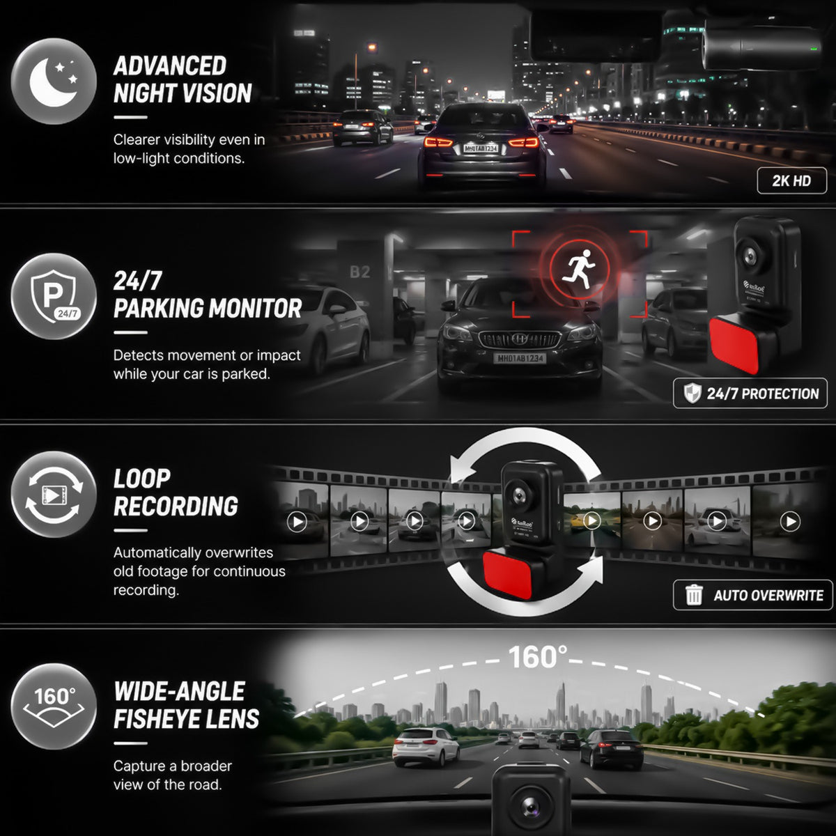 Car Dash Camera with Advanced Night Vision | Parking Monitor, Loop Recorder & 128GB Support | Soroo SR-DCAM4 – Black