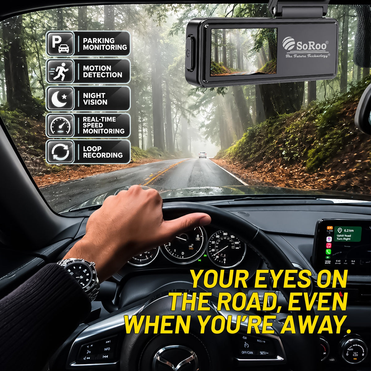Car Dash Camera with Night Vision | Parking Monitor, Motion Detection & App Live View | Soroo SR-DCAM6 – Black