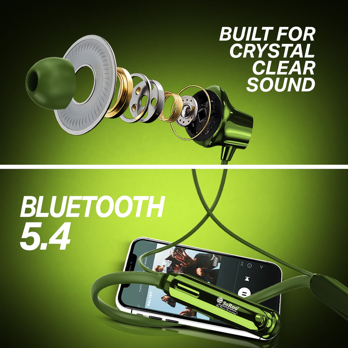 Wireless Neckband Earphones | 96+ Hours Playtime | Soroo SR-IBAND54 – Black/Green
