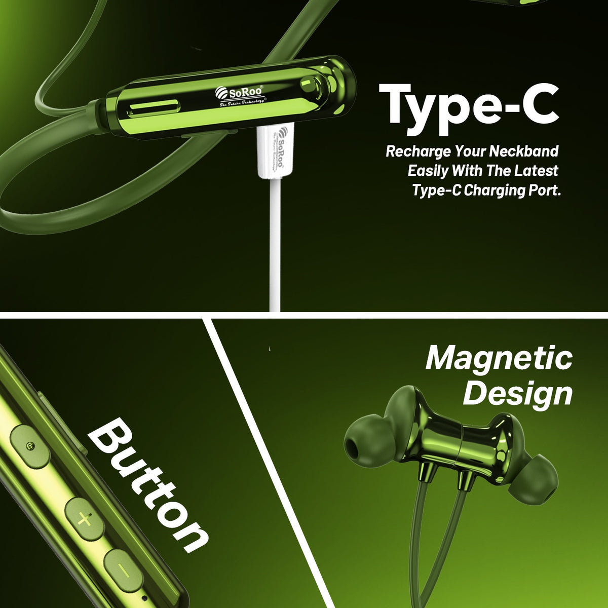 Wireless Neckband Earphones | 96+ Hours Playtime | Soroo SR-IBAND54 – Black/Green
