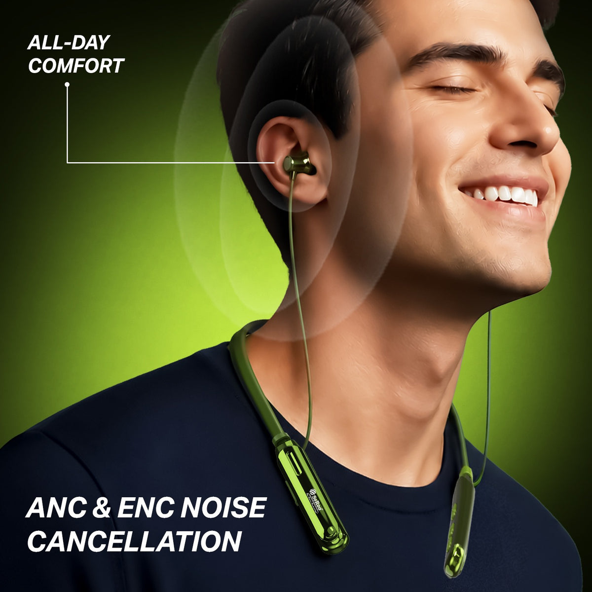 Wireless Neckband Earphones | 96+ Hours Playtime | Soroo SR-IBAND54 – Black/Green
