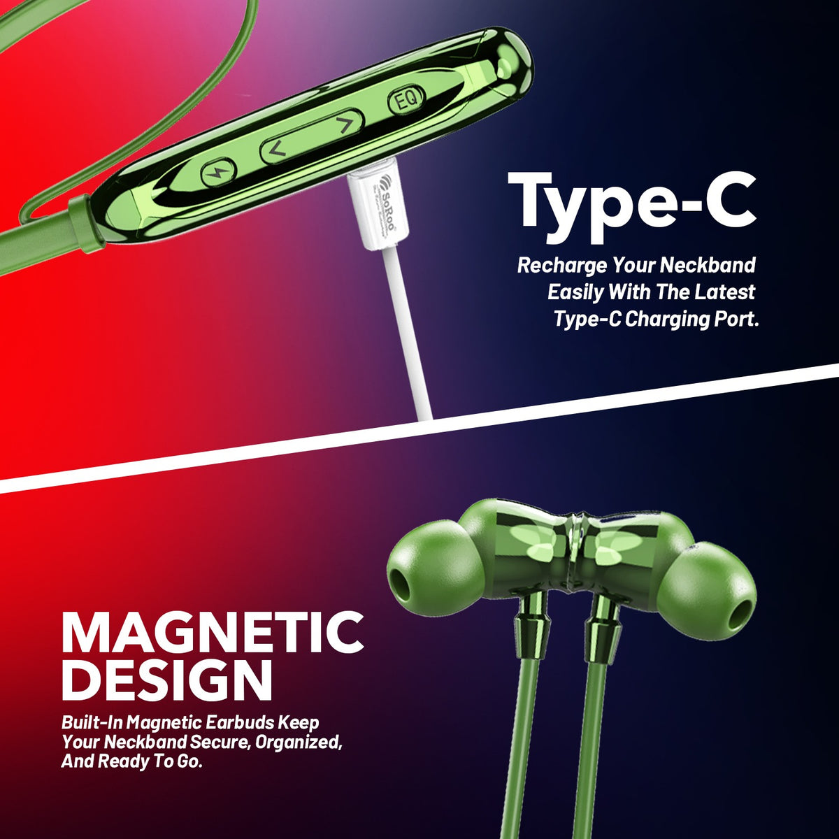 Wireless Neckband Earphones | 100+ Hours Playtime & 4 EQ Modes | Soroo SR-IBAND59 – Blue/Black/Green