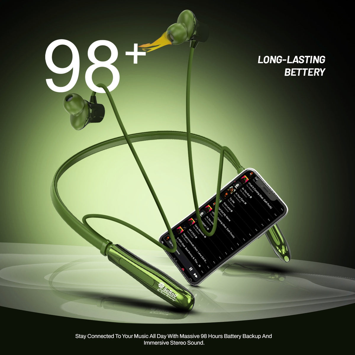 Wireless Neckband Earphones | 98+ Hours Playtime | Soroo SR-IBAND61 – Green/Blue/Black