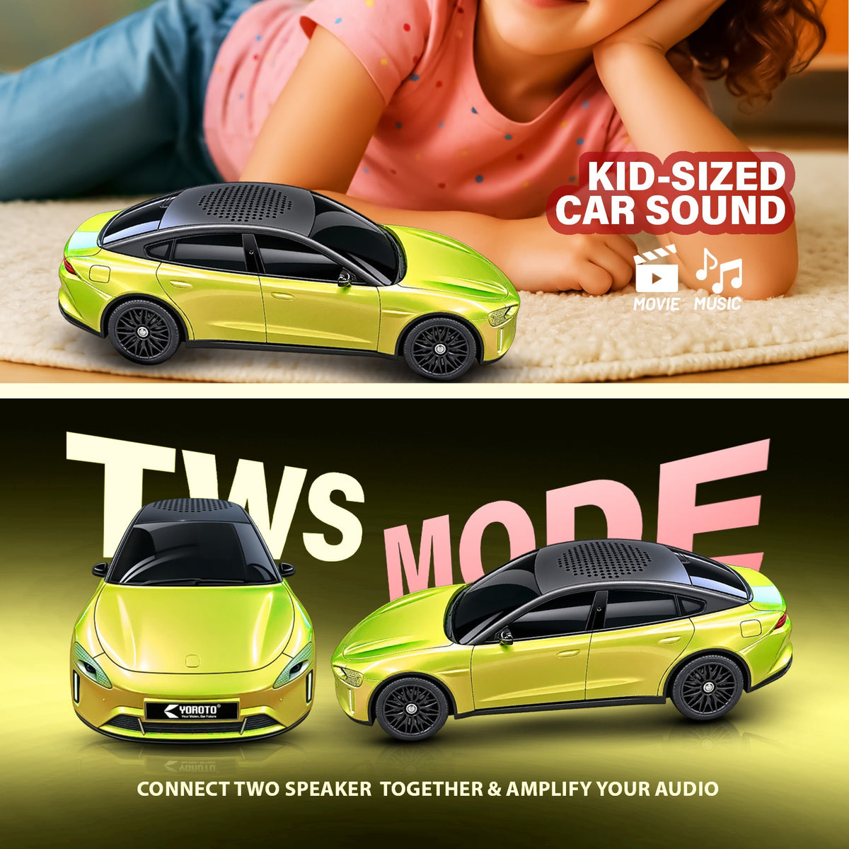20W Wireless Bluetooth Kids Speaker | 6 Hours Playtime, Kid-Sized Car Sound & Toy Design | Soroo YO-470 – Blue/Yellow/Green/Black