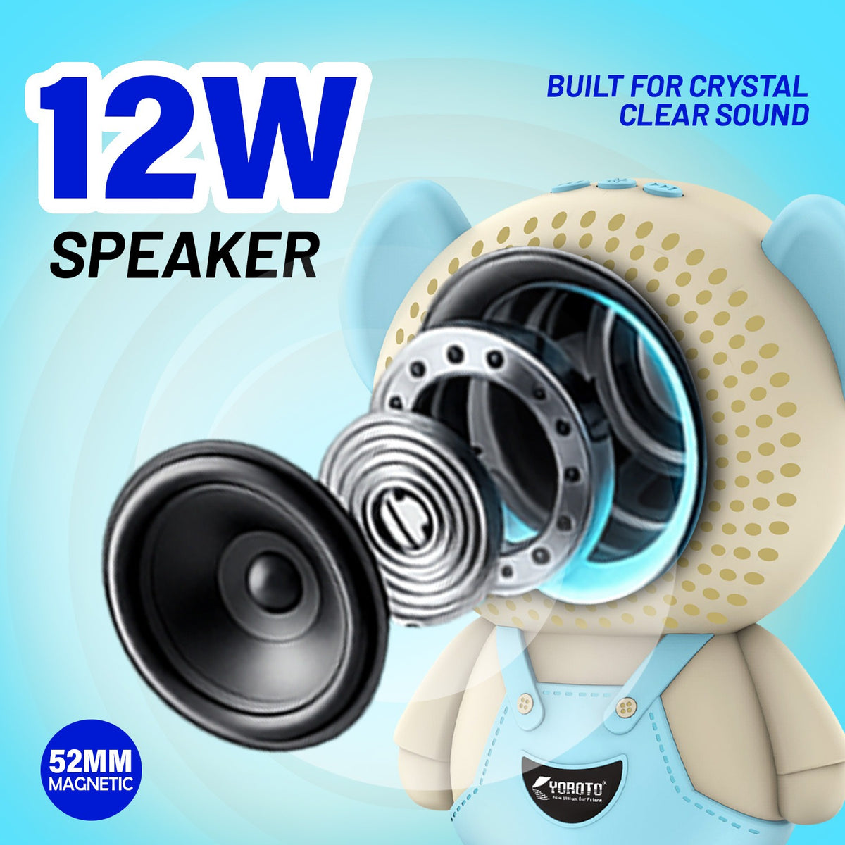 12W Wireless Bluetooth Kids Speaker | 6 Hours Playtime & Kid-Sized Car Sound | Soroo YO-471 – Sky Blue/Pink/Green/Black