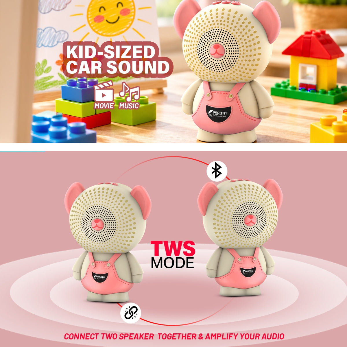12W Wireless Bluetooth Kids Speaker | 6 Hours Playtime & Kid-Sized Car Sound | Soroo YO-471 – Sky Blue/Pink/Green/Black