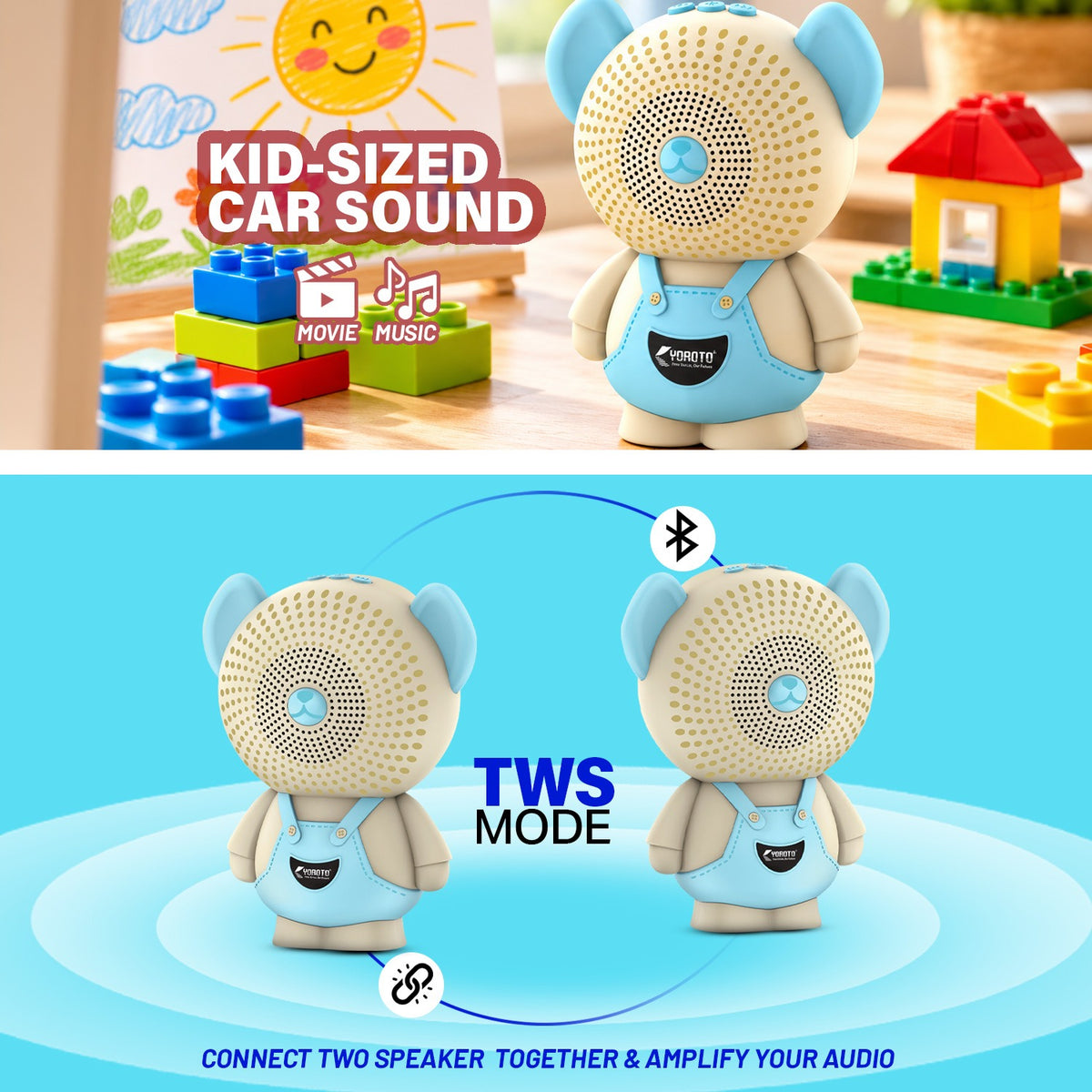 12W Wireless Bluetooth Kids Speaker | 6 Hours Playtime & Kid-Sized Car Sound | Soroo YO-471 – Sky Blue/Pink/Green/Black
