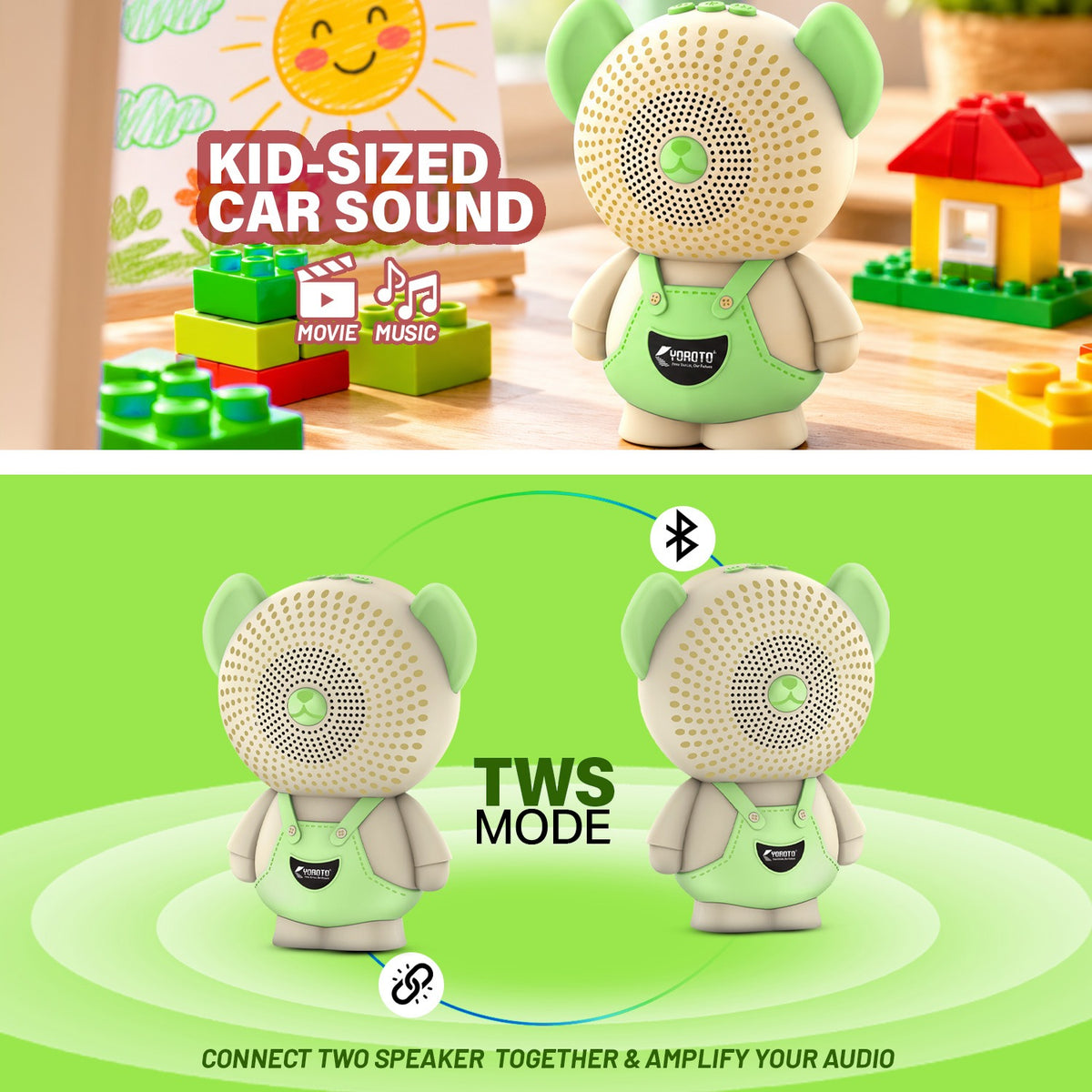 12W Wireless Bluetooth Kids Speaker | 6 Hours Playtime & Kid-Sized Car Sound | Soroo YO-471 – Sky Blue/Pink/Green/Black