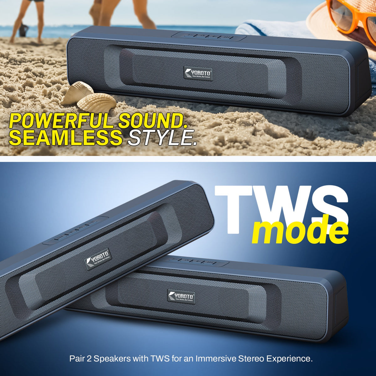 20W Wireless Bluetooth Portable Speaker | 6 Hours Playtime, FM, Bluetooth 5.4 & TWS | Soroo YO-SP23 – Blue/Black/Beige