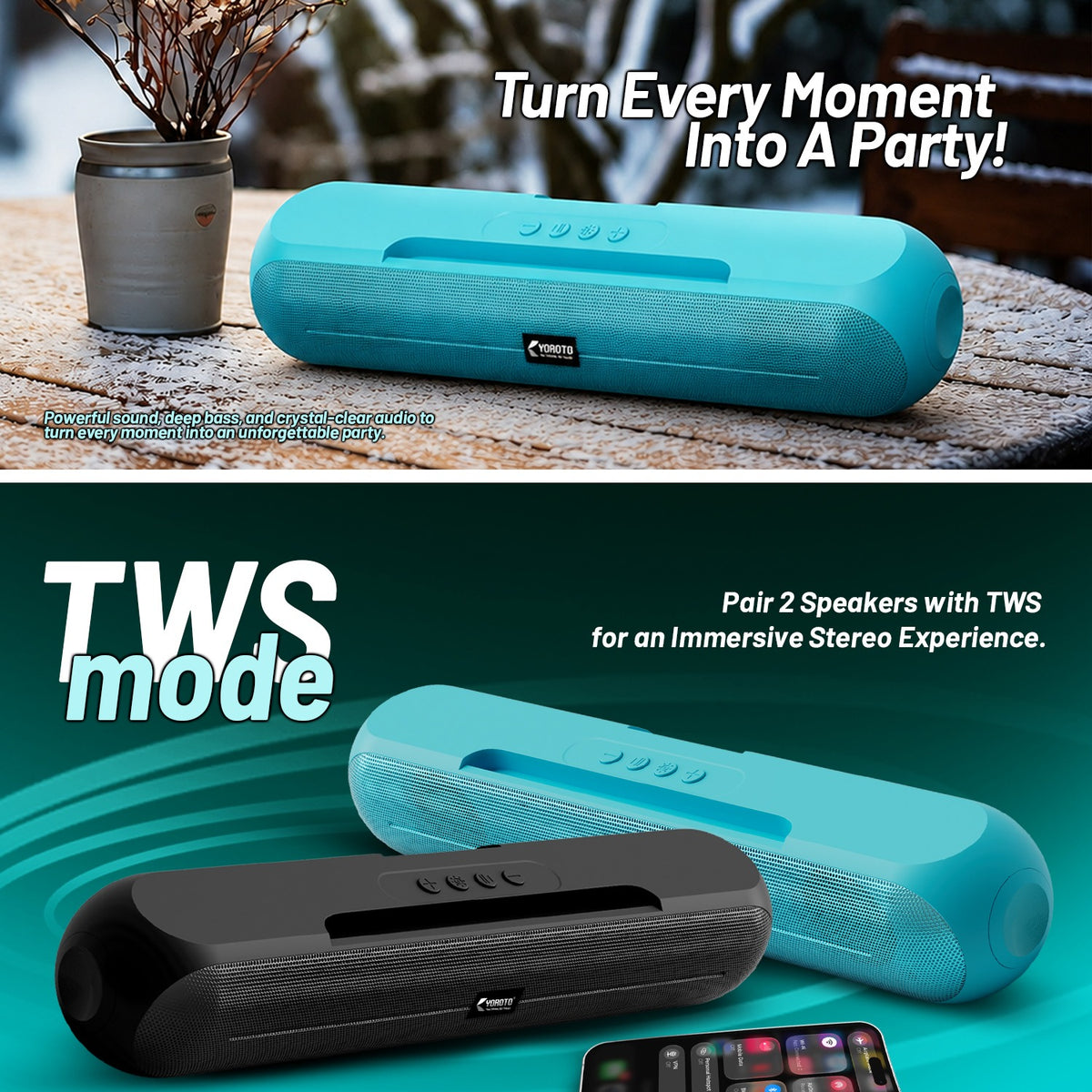 20W Wireless Bluetooth Portable Speaker | 6 Hours Playtime & TWS Mode | Soroo YO-SP29 – Black/Grey/Sage Green/Sky Blue