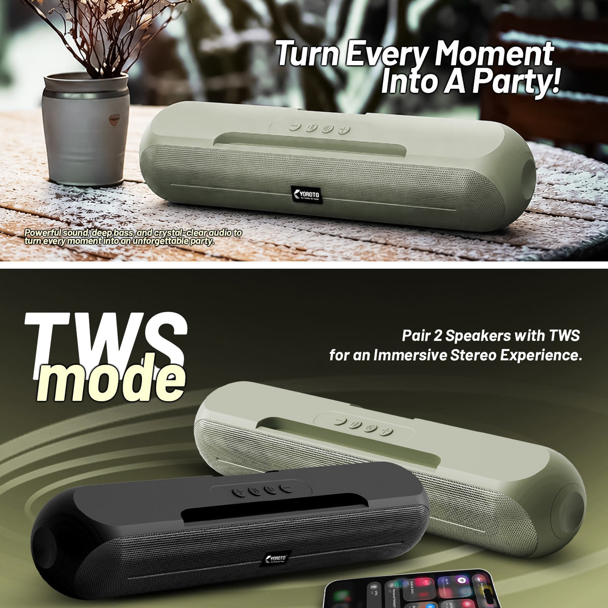 20W Wireless Bluetooth Portable Speaker | 6 Hours Playtime & TWS Mode | Soroo YO-SP29 – Black/Grey/Sage Green/Sky Blue