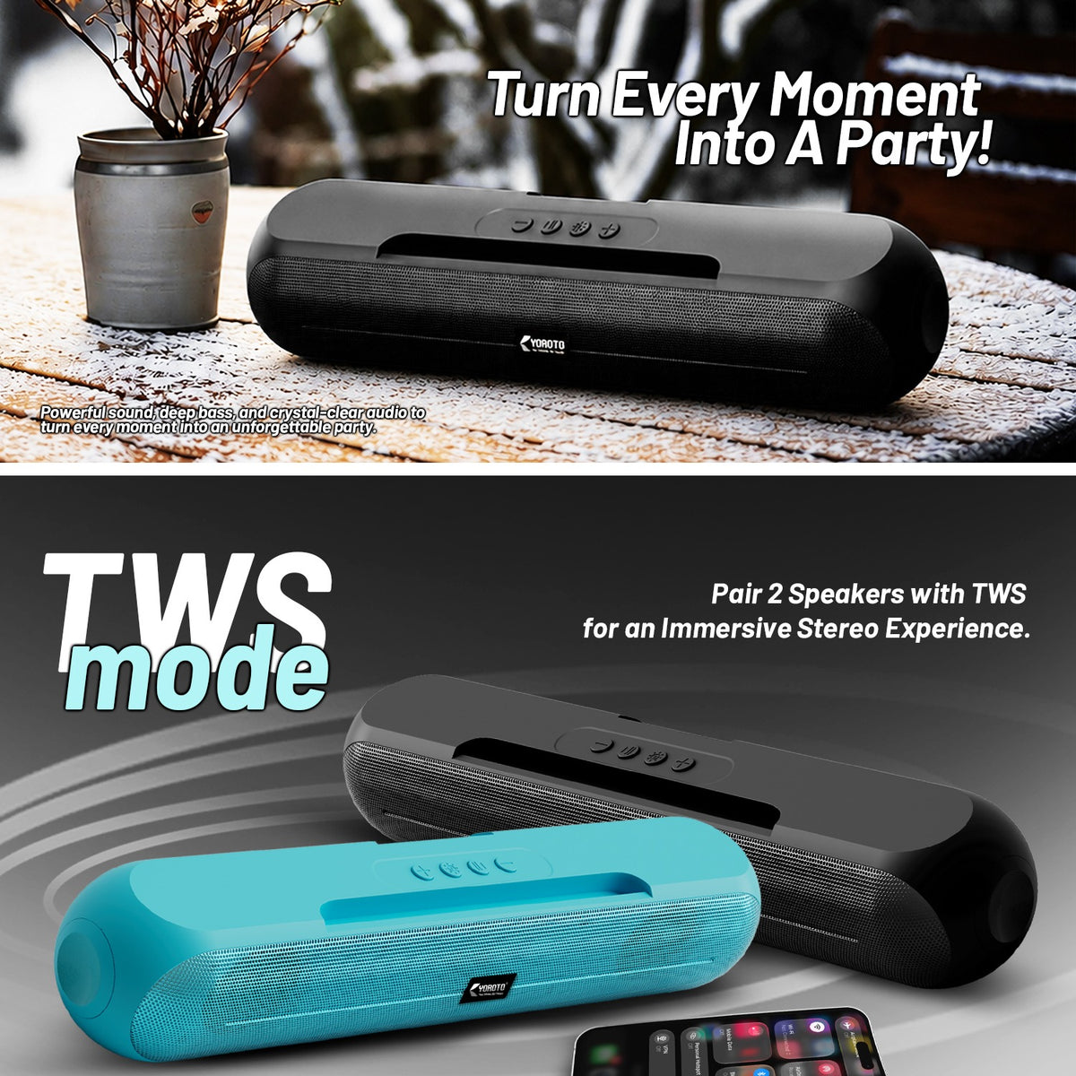 20W Wireless Bluetooth Portable Speaker | 6 Hours Playtime & TWS Mode | Soroo YO-SP29 – Black/Grey/Sage Green/Sky Blue