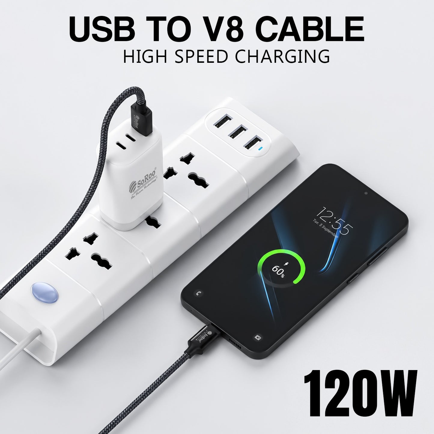 V8 Micro USB Cable | Fast Charging & Data Sync | Soroo SR-DT09V8 – Grey