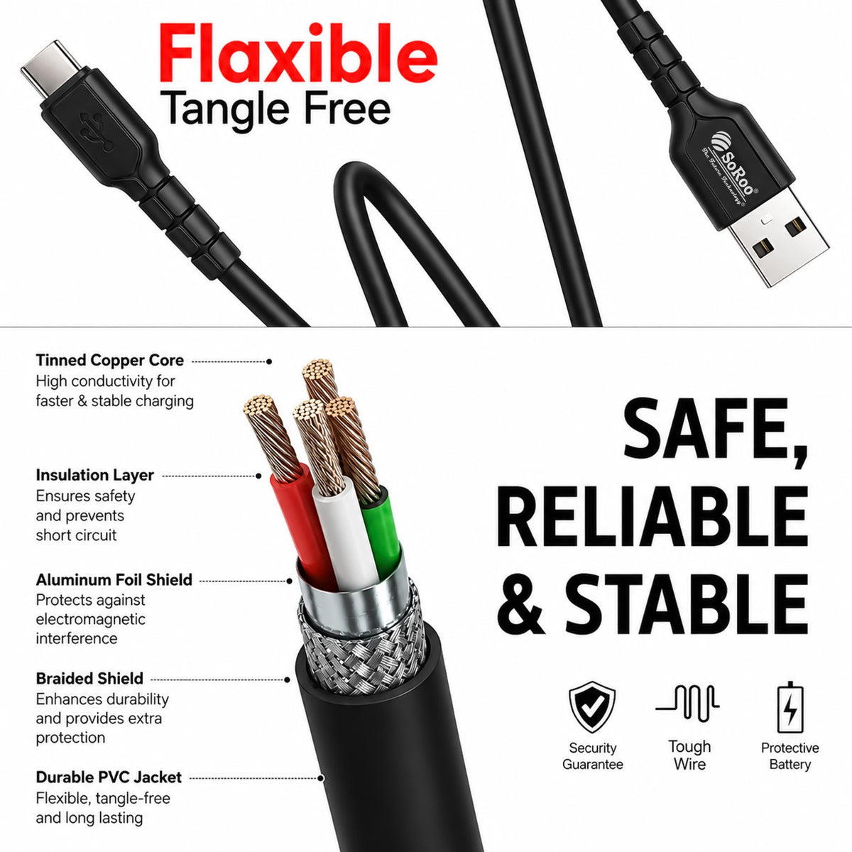 USB to Type-C Cable | 38W Fast Charging & Data Sync | Soroo SR-DT21 – Black
