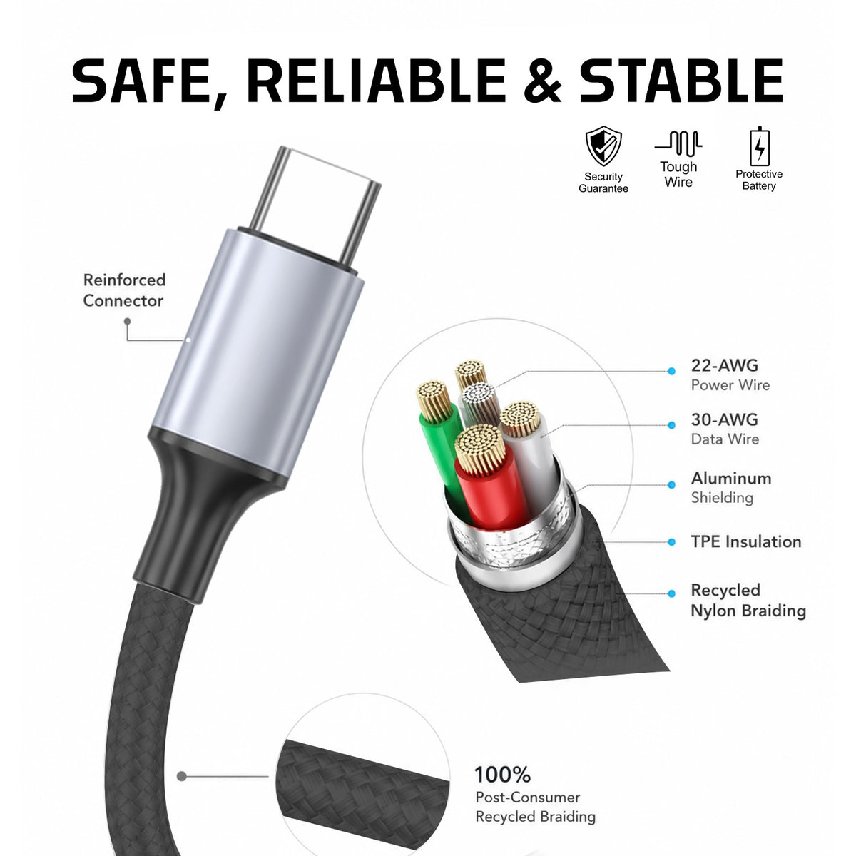 80W Fast Charging Data Cable | 1.2m Nylon Braided Cable | Soroo SR-DT22 – Black