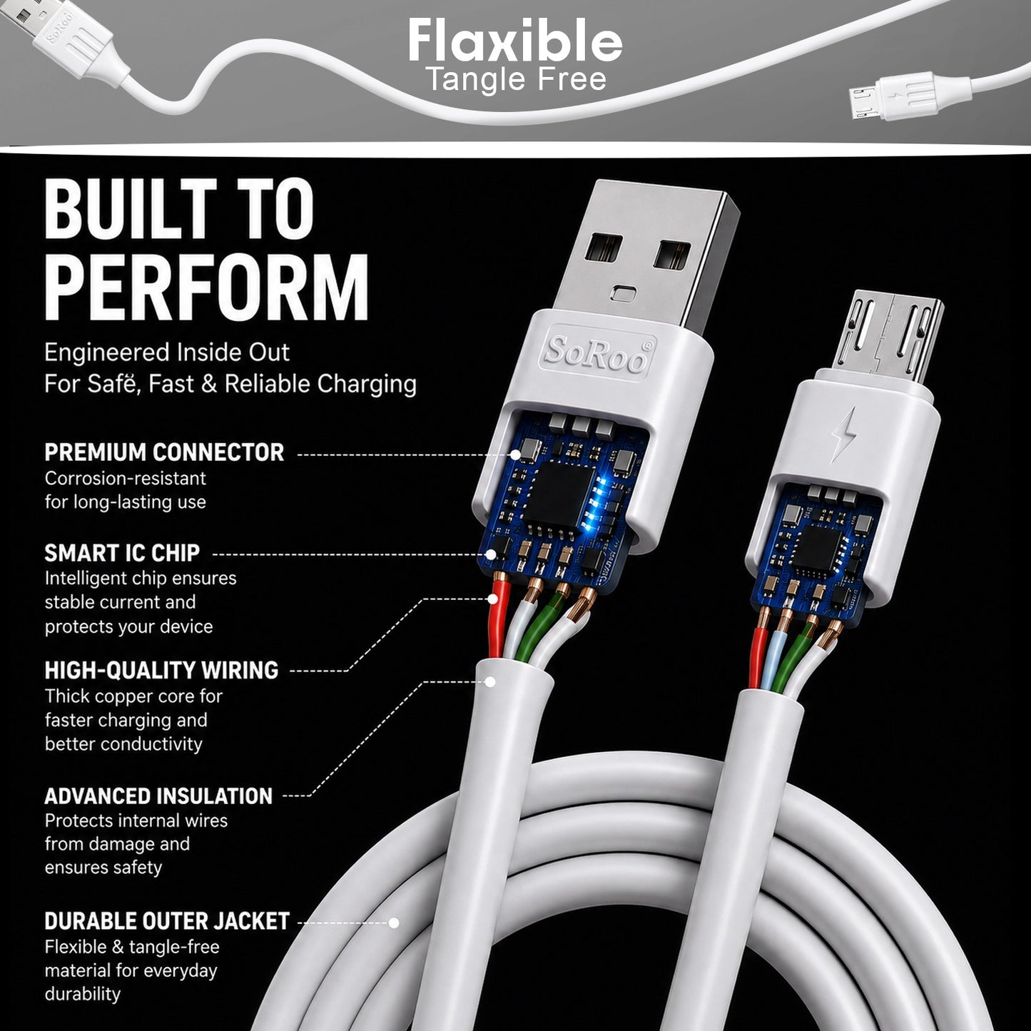 65W Fast Charging V8 Micro USB Cable | Charging & Data Sync Cable | Soroo SR-DTRED2.0V8 – White