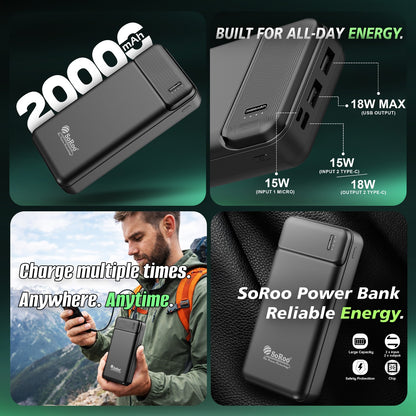 Fast Charging Power Bank SoRoo 20000mAh 18W – Ultra Compact Pocket Size (Black) PB-189