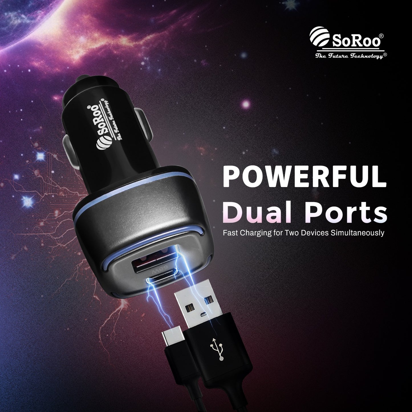 Car Charger Turbo Dual USB Type A Type C 66W Fast Charging Black SoRoo C 19