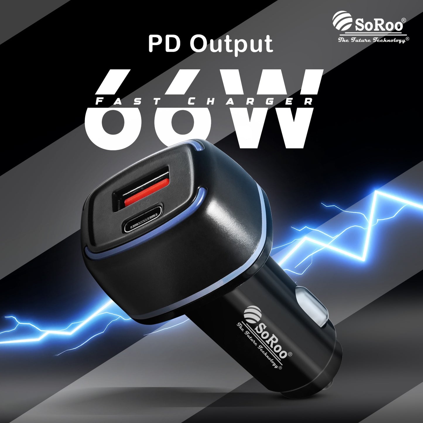 Car Charger Turbo Dual USB Type A Type C 66W Fast Charging Black SoRoo C 19
