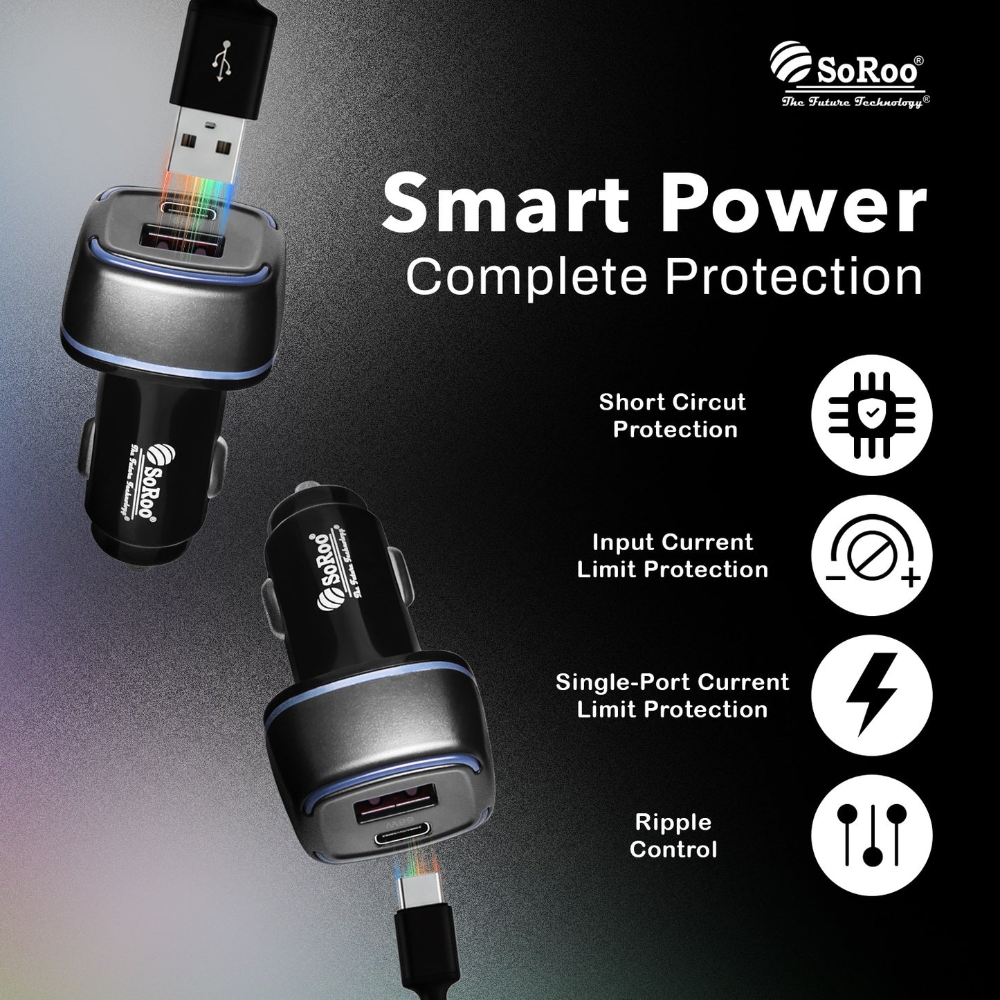 Car Charger Turbo Dual USB Type A Type C 66W Fast Charging Black SoRoo C 19