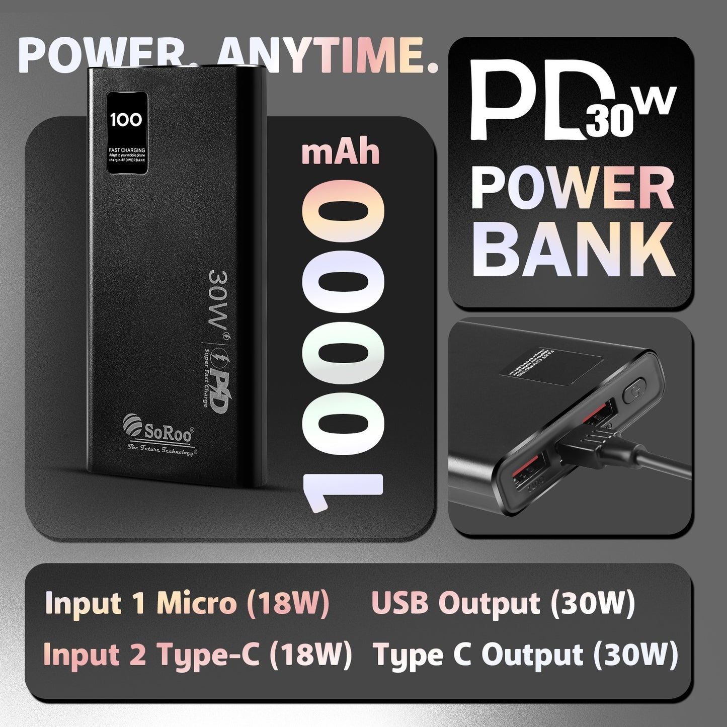 Power Bank Fast Charging Ultra Compact 10000mAh 30W SoRoo Future – Pocket Size Lithium Polymer Battery (Black) PB166