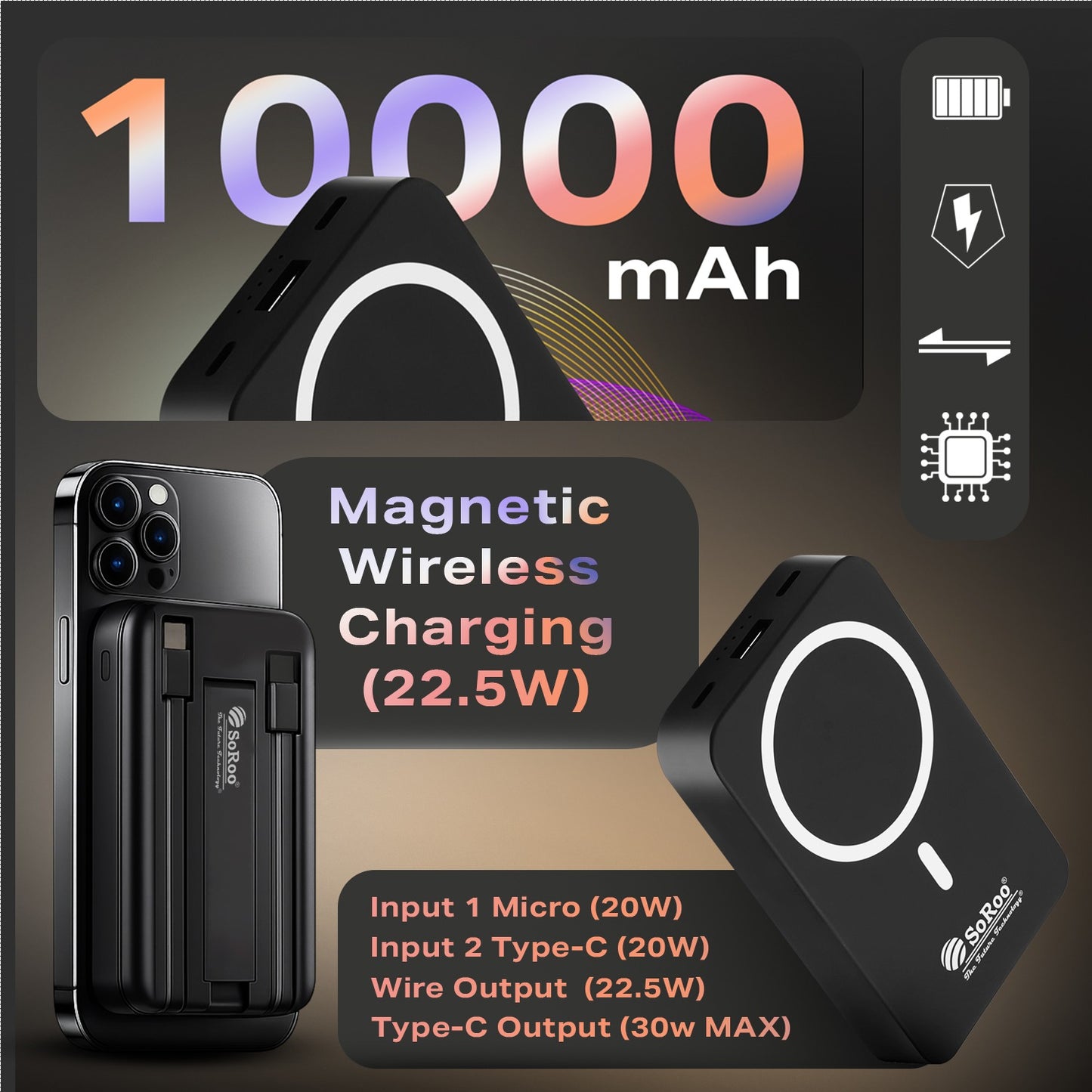 Power Bank Fast Charging 22.5W 10000mAh SoRoo PB190 Black