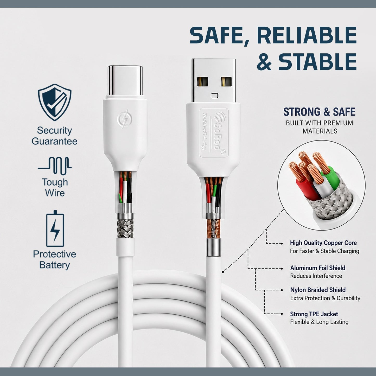 USB to Type-C Data Cable | 24W Fast Charging, 1.2m Length SoRoo SR-DT-RED-TC White