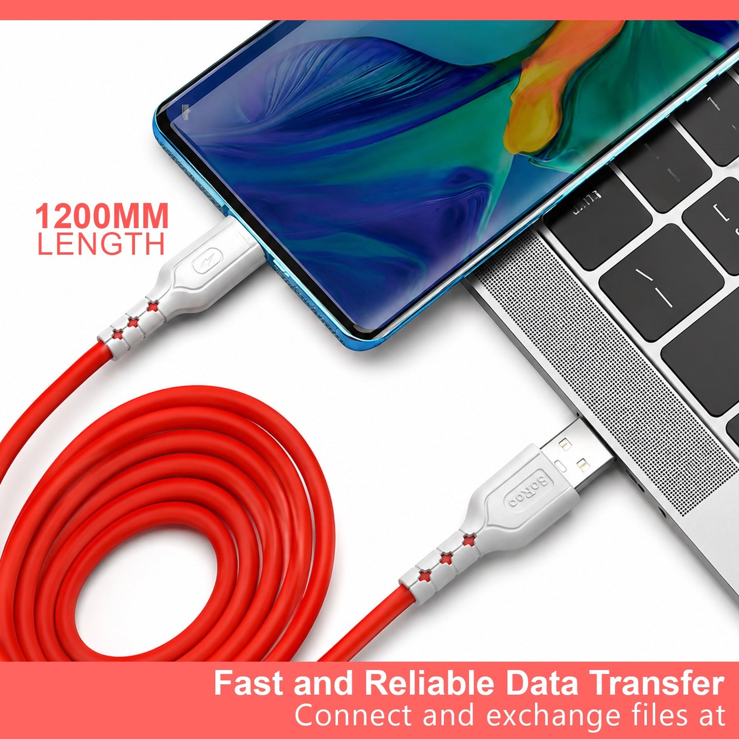 60W Fast Charging Data Cable | 1.2m USB Cable for Fast Charge & Data Sync SoRoo SR-DT18-CBL-RED-01