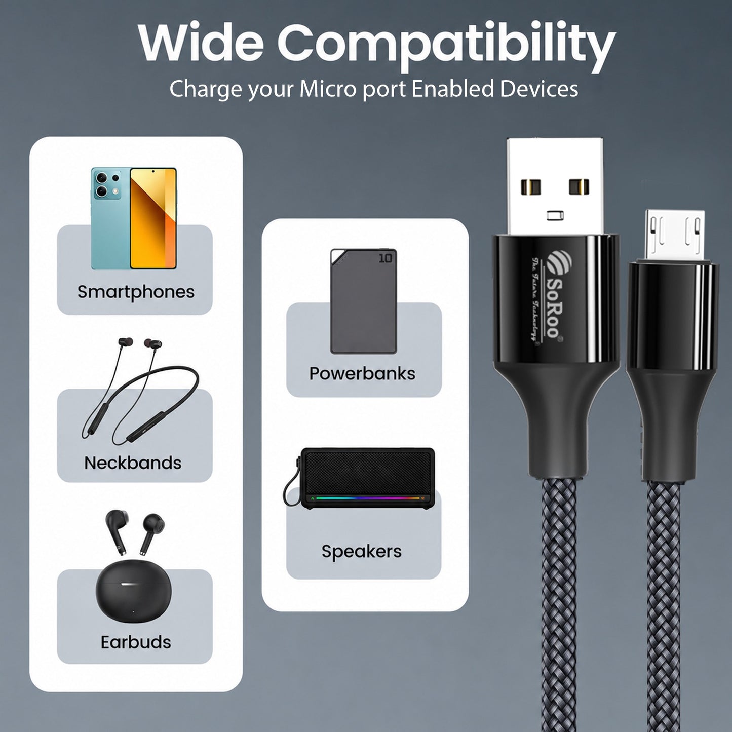 USB to V8 Data Cable | 120W High-Speed Charging, 1.2m Durable Cable SoRoo SR-DT08V8 Grey