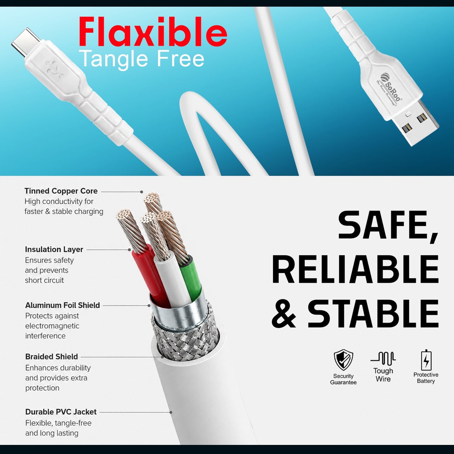 USB to Type C Cable | 38W Fast Charging & Data Sync Cable SoRoo SR-DT21