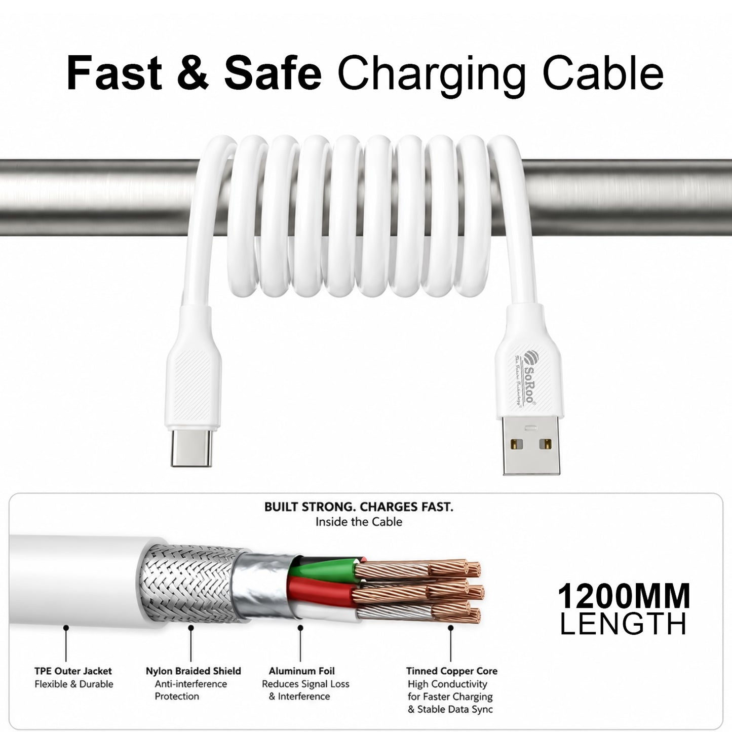 22W USB to Type-C Fast Charging Cable | 1.2m Charging & Data Sync Cable SoRoo SR-DTRED4.0-CBL-WHITE-01