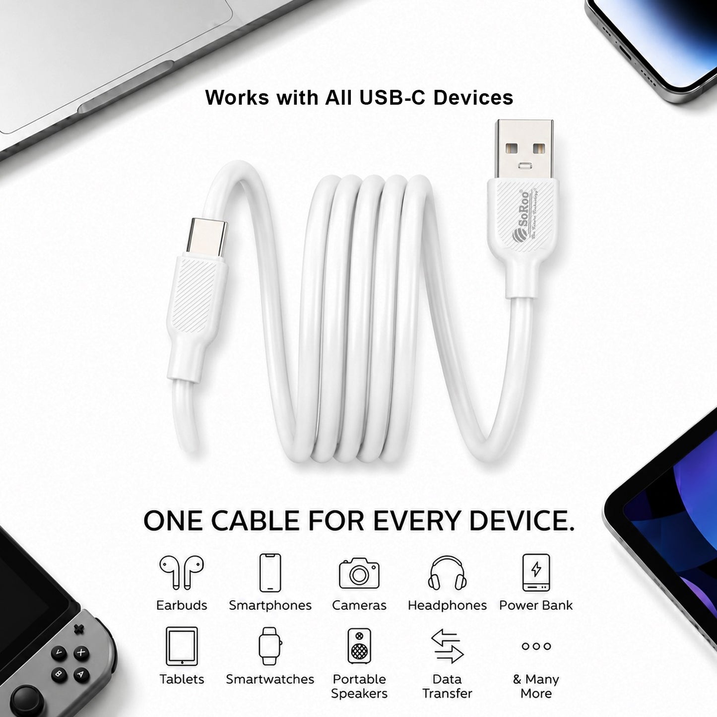 22W USB to Type-C Fast Charging Cable | 1.2m Charging & Data Sync Cable SoRoo SR-DTRED4.0-CBL-WHITE-01