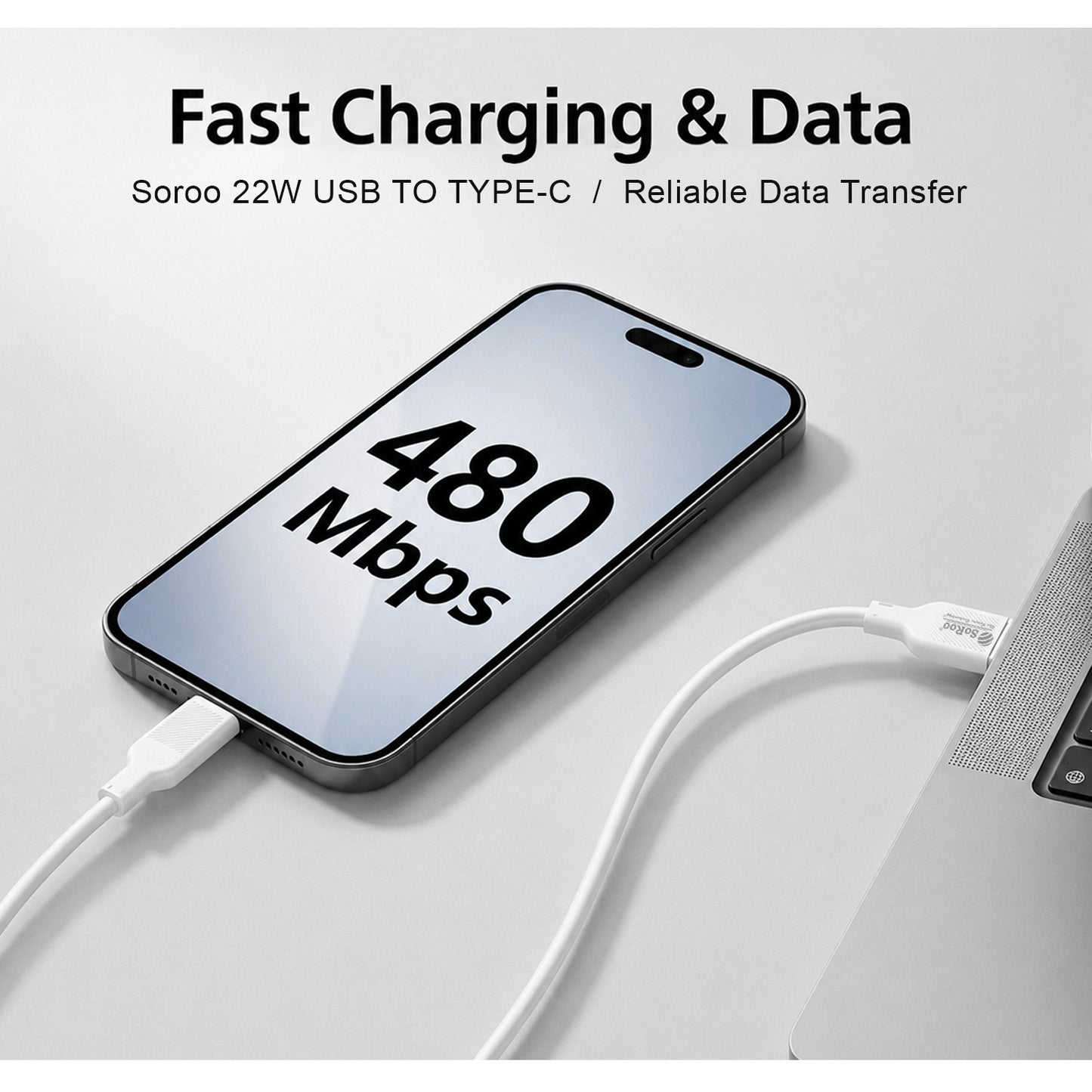 22W USB to Type-C Fast Charging Cable | 1.2m Charging & Data Sync Cable SoRoo SR-DTRED4.0-CBL-WHITE-01