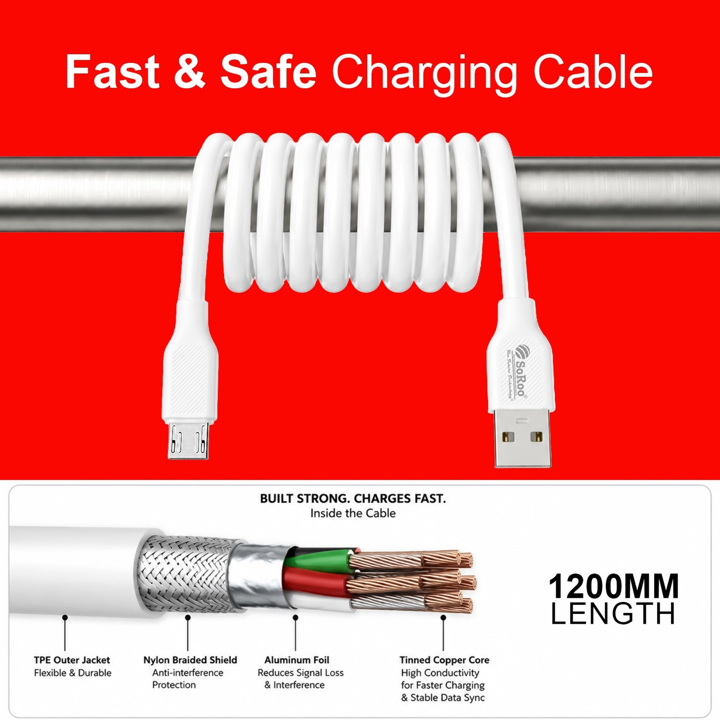 USB to Micro USB Cable 22W Fast Charging Data Sync Cable | SoRoo SR-DTRED4.0V8 – White