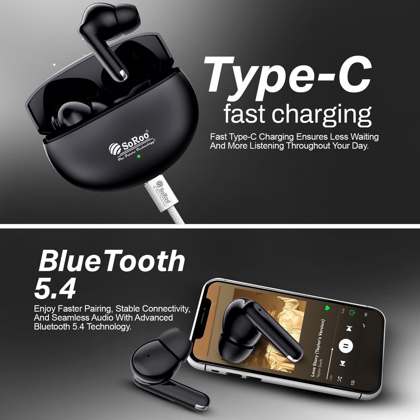 True Wireless Earbuds 42H Playtime ANC ANR Bluetooth 5.4 Type-C Fast Charging Soroo Buds 30