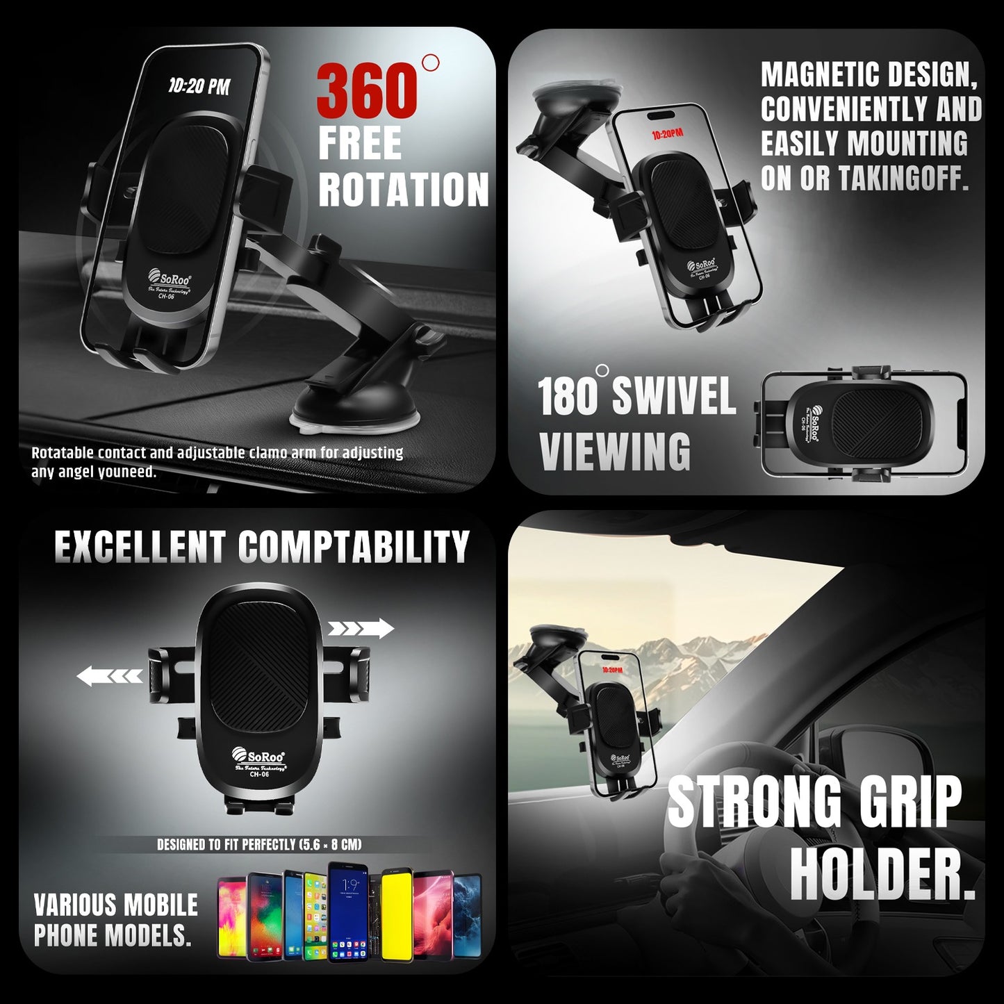 Car Mobile Holder 360° Rotation Strong Grip Soroo CH-06 Adjustable Phone Mount