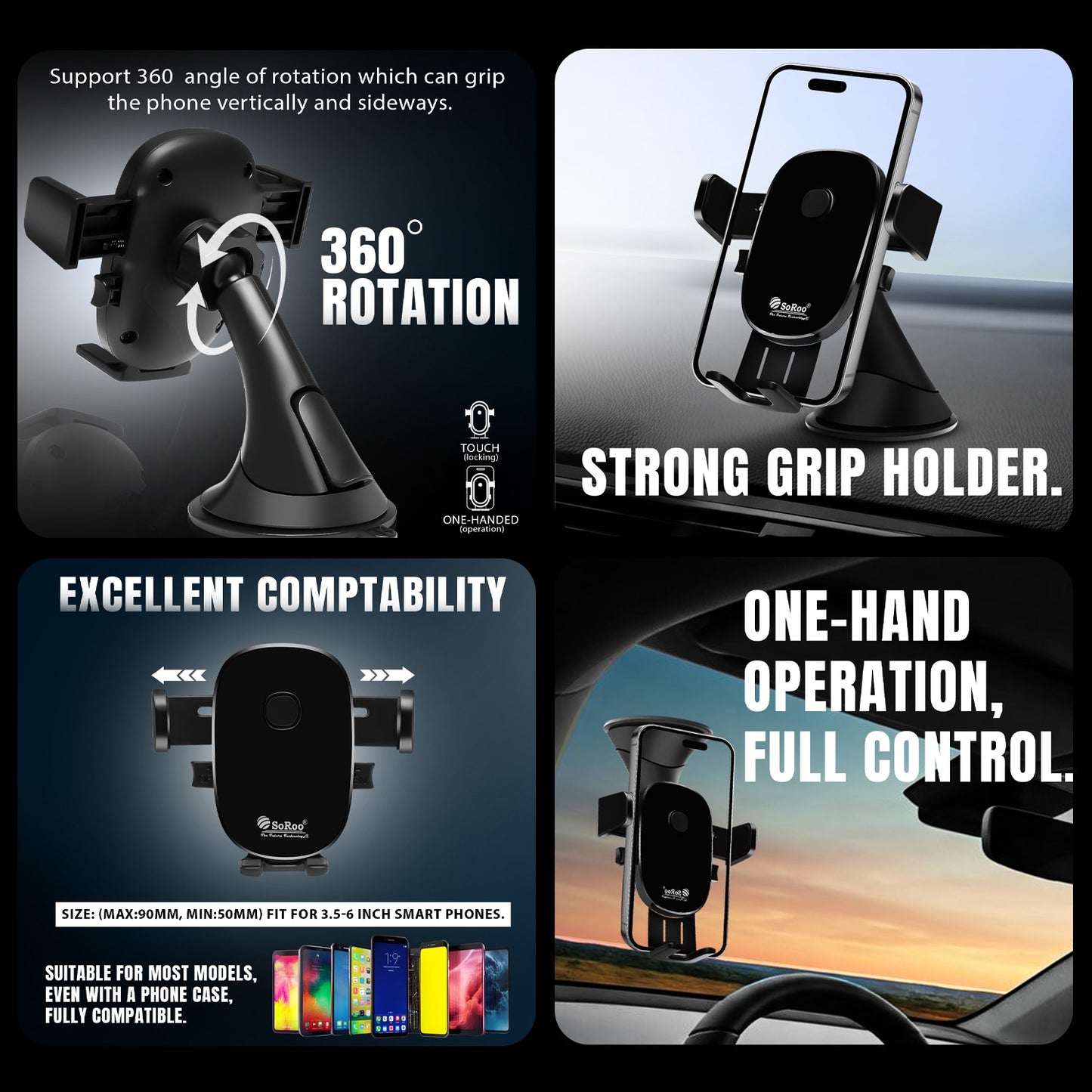 Car Mobile Holder 360° Rotation Touch Lock Strong Grip Soroo CH-16