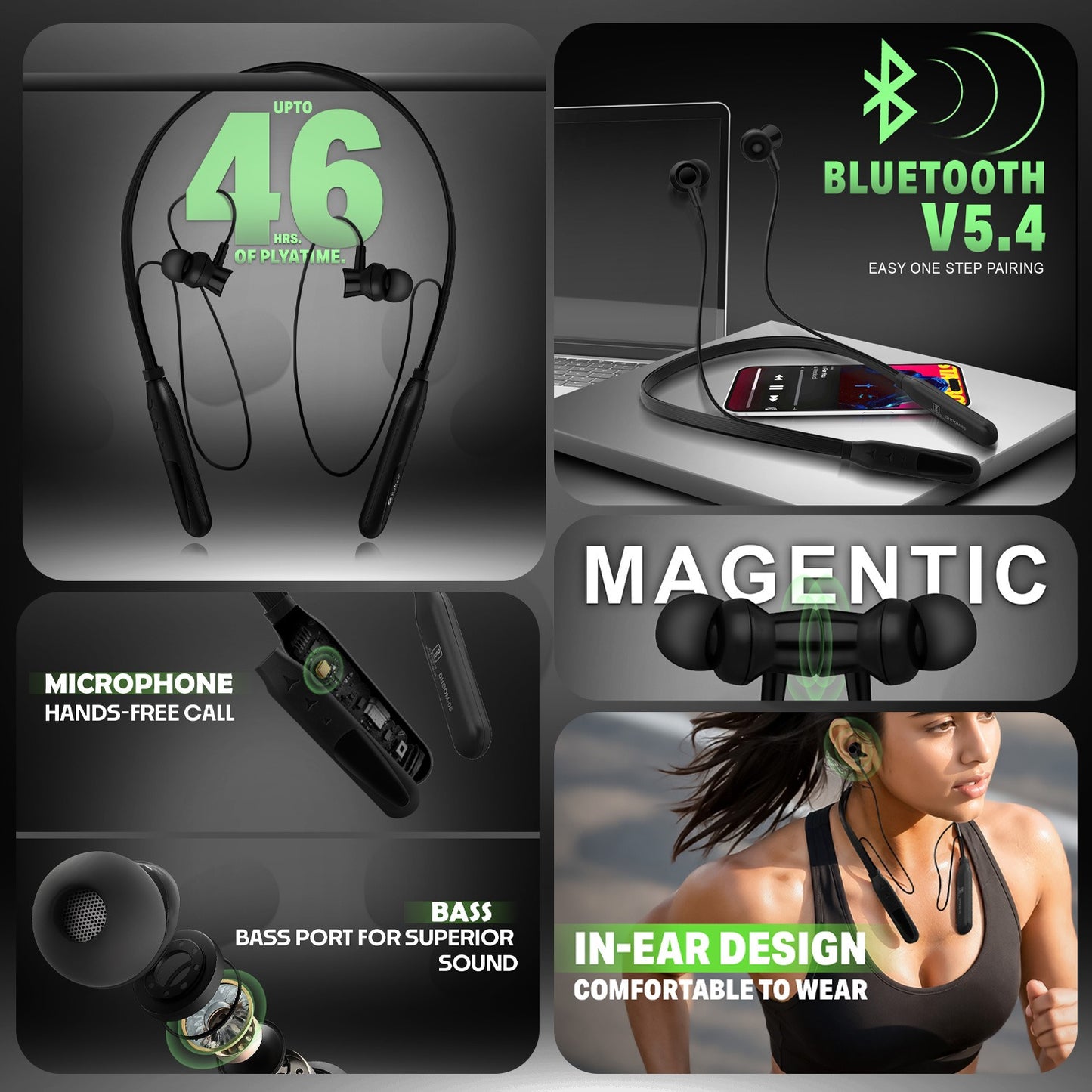 Bluetooth Neckband 46Hr Magnetic Hands Free Calling Soroo DHOOM 5 Black