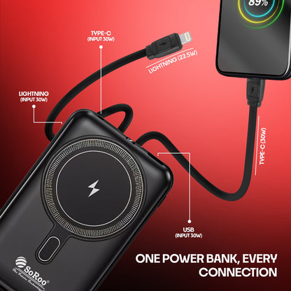 Magnetic Wireless Power Bank 10000mAh  with Built-In Type-C & Lightning Cable Soroo PB-192
