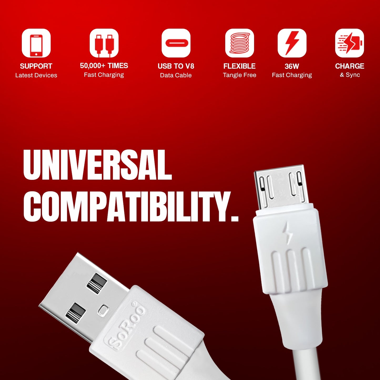 USB to V8 Data Cable | 36W Fast Charging, 1.2 Meter Cable Soroo SR-DT2
