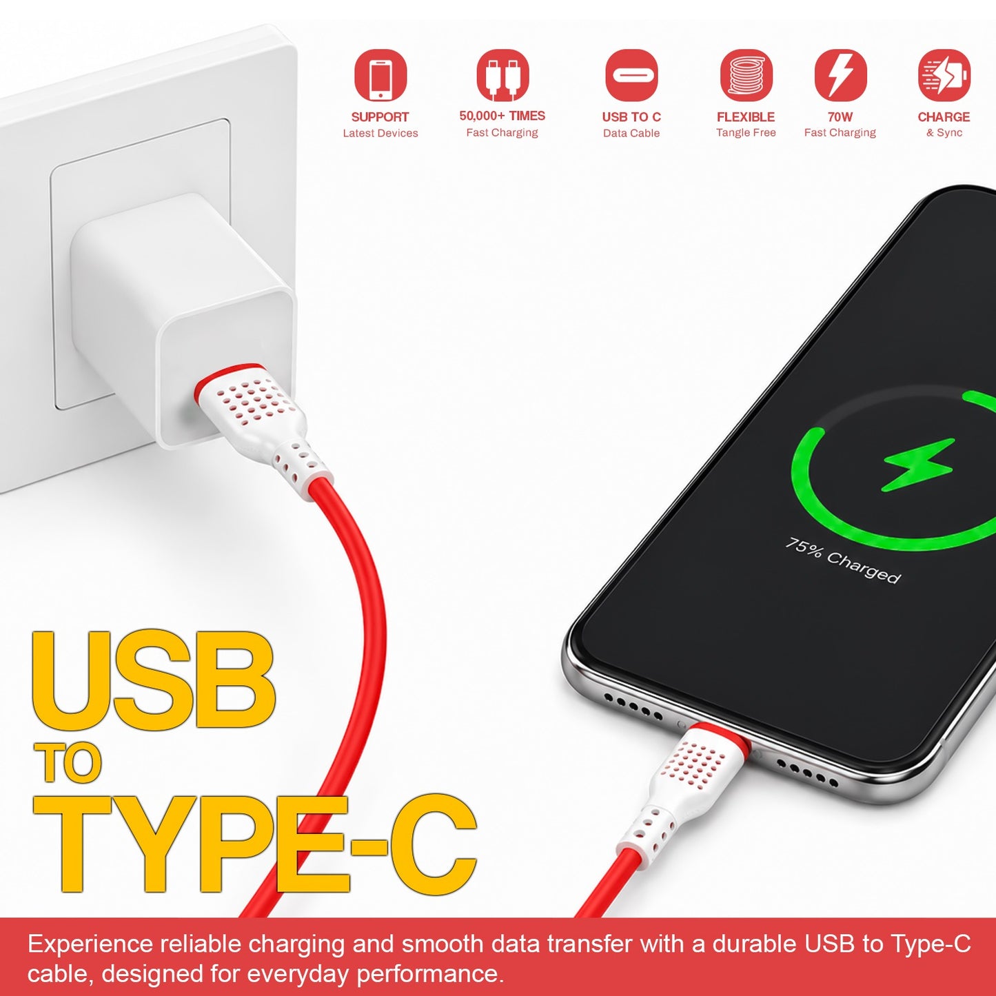 USB to Type-C Data Cable | 75W Fast Charging, 1.2 Meter Cable Soroo SR-DT7