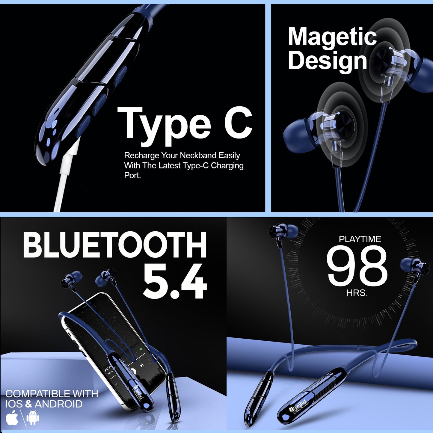 Neckband | 98H Playtime Bluetooth Neckband with Deep Bass & Magnetic Design – Soroo SR-INECK53